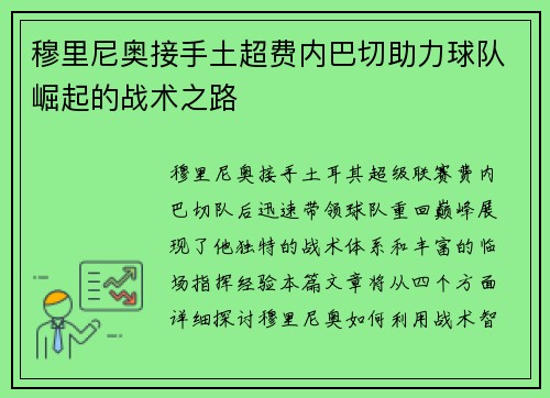 穆里尼奥接手土超费内巴切助力球队崛起的战术之路 穆里尼奥接手土超费内巴切助力球队崛起的战术之路